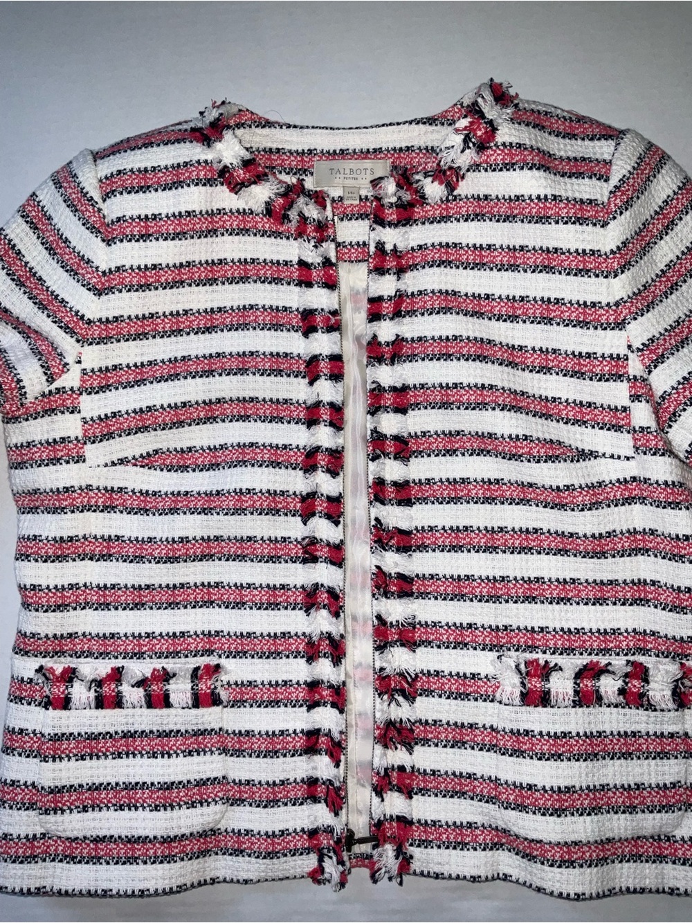 Talbots White, Pink & Black Striped Tweed Collarless Jacket